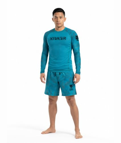 X RAGE MMA Rash Guard & Fight Shorts Set – 2-Piece of Teal Colour Compression Training Suit – Lightweight Breathable No-Gi BJJ, Grappling, Boxing & Martial Arts Activewear for Unisex (XXL)