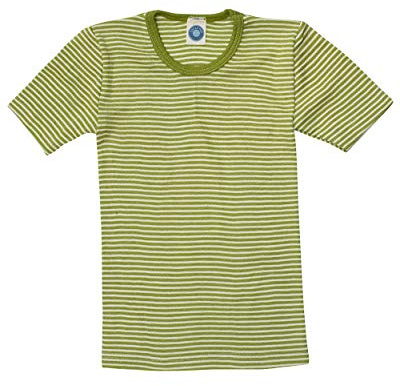 Cosilana, Kinder Unterhemd/T-Shirt, 70% Wolle und 30% Seide (128, Geringelt Grün/Natur)