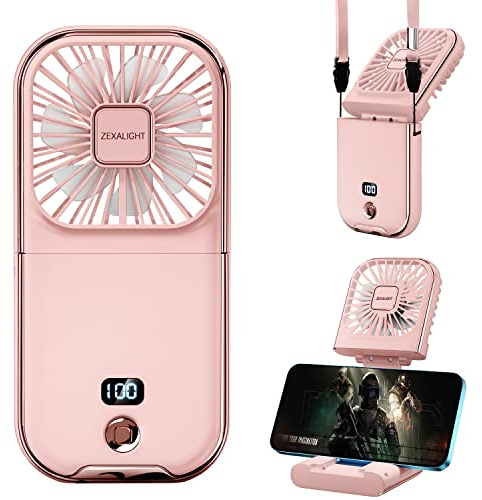 ZEXALIGHT USB Rechargeable Upgraded 5-in-1 Portable Handheld Fan, Necklace Fan, Mini Desk Fan, Foldable Phone Stand, 4 Speeds Airflow, Quiet Personal Fans with LED Digital Screen (Pink)