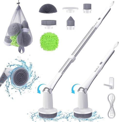 BIUBLE Spazzola di pulizia elettrica elettrica Spin Power Scrubber 600 giri/min, spazzola rotante a batteria con 5 testine sostituibili per bagno/cucina/pavimento piastrellato