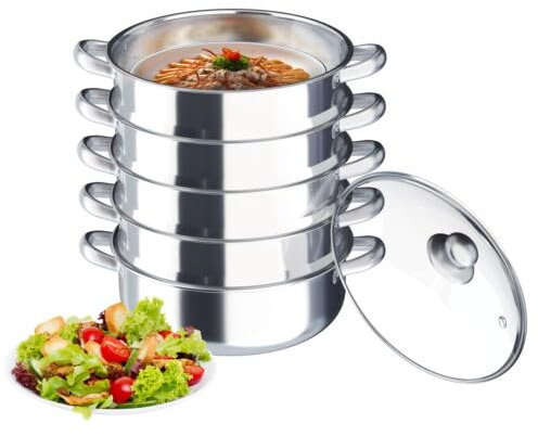 Fornello a vapore da 30 cm, a 5 ripiani, in acciaio inox, con coperchio in vetro, per tutti i piani cottura, pentola a vapore Couscous, pentola per cottura a induzione