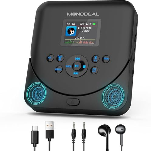 CD Player Tragbar mit TFT Display, 2025 MONODEAL Tragbarer CD Player Bluetooth, Wiederaufladbar CD Player mit Lautsprecher und FM Transmitter, Discman CD Player für Auto, Anti-Skip und TF Karte unters