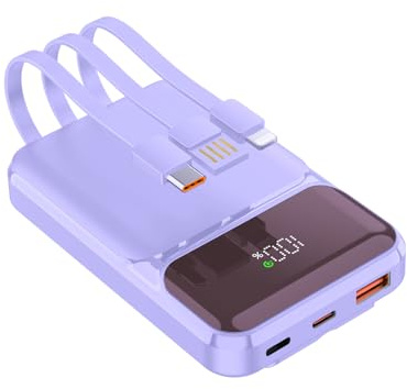 Powerbank 10 000 mAh PD 22,5 W QC 4.0 snabbladdning USB-C-utgångar med integrerade snabbladdningskablar bärbar laddare batteripaket kompatibel med iPhone Samsung Google Pixel LG (lila)