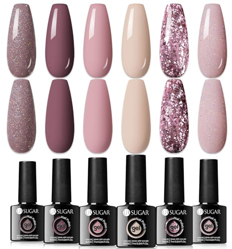 UR SUGAR Vernis Semi Permanent, 6 Couleurs Nudee Rose Rouge Pailleté Gel Semi Permanent Soak Off U V/LED Vernis à Ongles Pour SalonDIY Home Pour French Saint Valentin Meeting Mariage Fête Noël