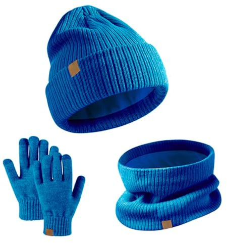 SSKHE Ensemble 3 pièces bonnet, écharpe et gants d'hiver pour enfants - Bonnet tricoté thermique chaud - Cache-cou - Gants tactiles avec doublure en polaire souple et élastique - Pour enfants de 5 à