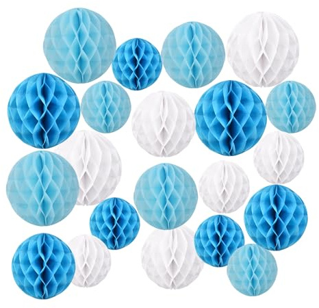 Juego de bolas de papel iMeshbean 21 unidades, color azul y blanco, bolas de panal de abeja, juego de bolas de papel de 15 cm, 20 cm, 25 cm, papel de panal, juego de decoración para bodas, cumpleaños