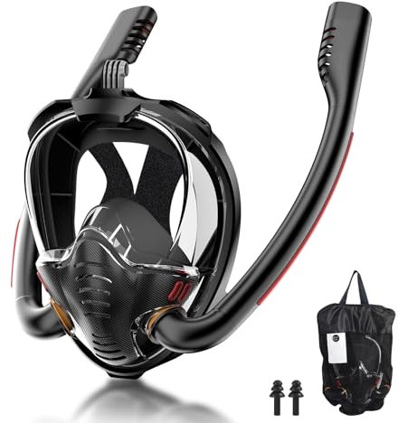 Schnorchelmaske für Erwachsene, Tauchmaske - CO2 Sichere Schnorchelset Erwachsene, Doppelrohr-Tauchermaske Vollgesichtsmaske mit Sportkamerahalterung (Schwarz, L/XL)
