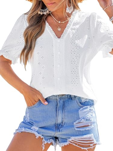 CUPSHE Women's Blouses Puff Short Sleeve Lace Hollow Out V Neck Button Dressy Shirts Summer Vacation Outfits Ladies Tops