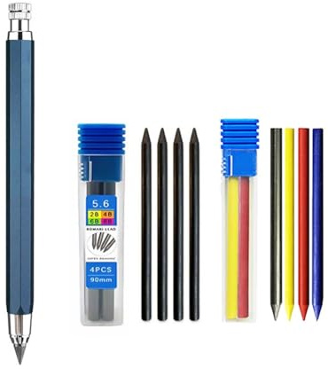 MROOFUL 5,6 mm mekaniskt pennset i metall med 4 färgledning6 + svart bly (2B/4B/6B/8B) för snickare markeringsteknik ritning ingenjör skissning automatisk penna (blå)