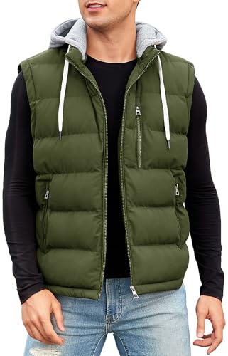 CMTOP Chaleco Hombre con Capucha Repelente al Agua Chalecos, Cálido Invierno Gilet con Cremallera Ligero Térmico Chaqueta Sin Mangas BodyWarmer Vest con Multibolsillos(Verde Militar,S)