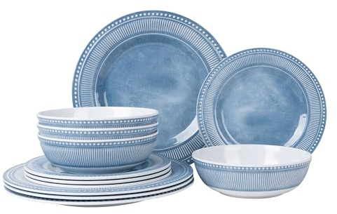 AELS Melamine Dinnerware Set of 12 Pcs, Dinner Dishes Set for Indoor and Outdoor Use, Melamine Plates and Bowls Set for 4, Dishwasher Safe, Lightweight Unbreakable, BPA Free, Soft Blue