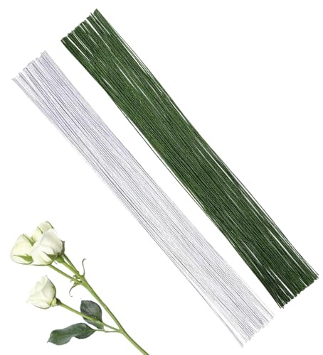 HEIZHU 100 Pcs Florist Wire Stems,0.45mm 26 Gauge，include 50 silver and 50 Dark Green floristry wires，floral wire for Diy Flower Making Crafting Wrapping