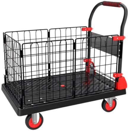 Kraftig plattformsvagn med avtagbart ståltrådsstaket och tysta TPR-hjul, 200 kg lastkapacitet, perfekt för shopping och transport