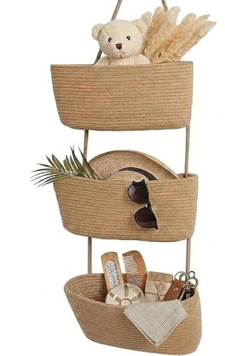 Organizador colgante para puerta y pared, cesta colgante de 3 niveles de cuerda de algodón tejida, sistema de almacenamiento decorativo para baño, habitación infantil y dormitorio (B-caqui)
