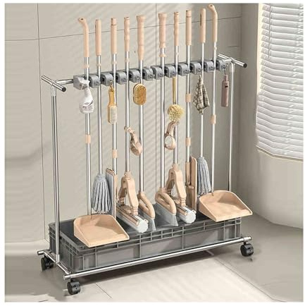 CVGfko Stainless Steel nizer Cart with Wheels for Mops and Brooms - Efficient Storage Solution for Garage Garden and School Cleaning Supplies (100x100x40cm),100x100x40cm