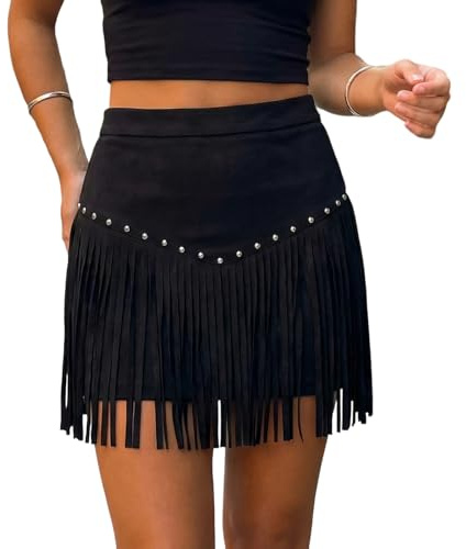 Yoisdtxc Y2K Western Cowgirl High Waist Fringe Tassel Mini Skirt | Women's Western Cowgirl Fringe Mini Skirt High Waisted Suede Vintage Tassel Short Skirt For Country Concert Festival