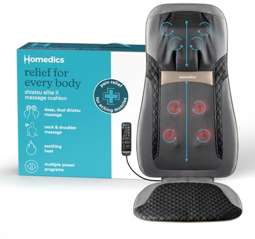 HoMedics Back Massager with Heat, Shiatsu Elite II Heated Neck and Back Massage Cushion. 3 Different Massage Styles and 3 Massage Zones. Comes with Controller and Chair Straps