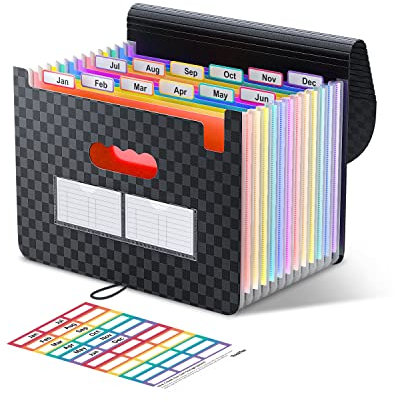 ThinkTex Accordian Akten,Organizer mit 12 Fächern,erweiterbarer Aktenordner,erweiterbare Abdeckung, tragbare Aktenbox,Desktop-Akkordeon-Ordner Kunststoff