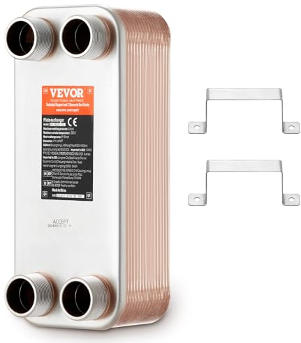 VEVOR Échangeur de chaleur à plaques brasées, 127x305 mm, échangeur thermique 30 plaques en cuivre/acier inoxydable 316L pour chauffage au sol, chauffage d'eau, fonte de neige, refroidissement bière