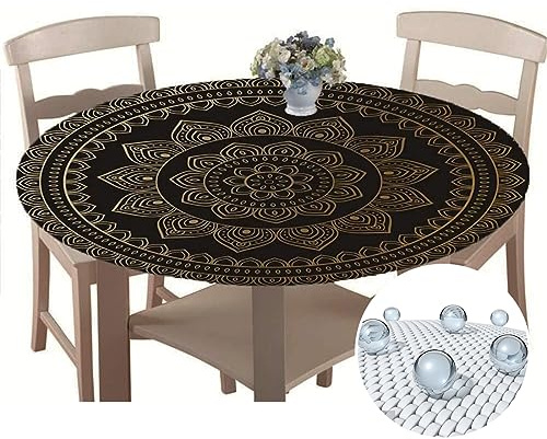 Tischdecke Outdoor Rund 120 cm, Elastisch Tischdecken Abwaschbar Wasserabweisend Lotuseffekt 3D Monstera Garten Tischdecke Mandala Table Cloth, Ideal für 100cm-110cm