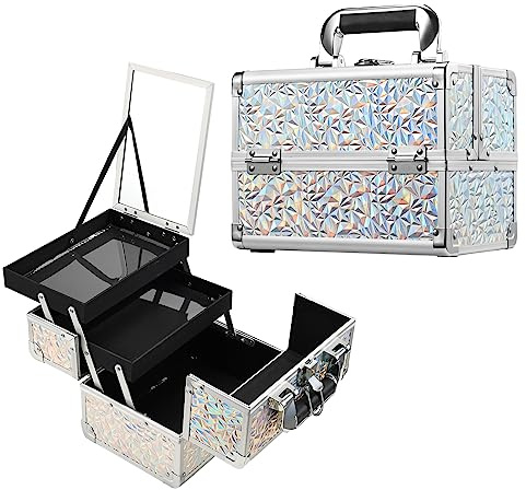 Joligrace Vanity Case Boîte à maquillage Boîte de rangement pour cosmétiques Boîte à bijoux avec miroir Verrouillable avec clés, Argent éblouissant, Argenté