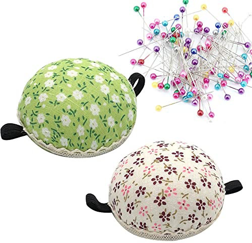 Csirnto 2 Stück Stecknadelkissen Stecknadeln Lang Nadelkissen Armnadelkissen Nadelkissen Handgelenk Bunte Kopfnadeln Florales Vintage Nadelkissen Nähen Zubehör DIY Handwerk mit Bunte Kopfnadeln