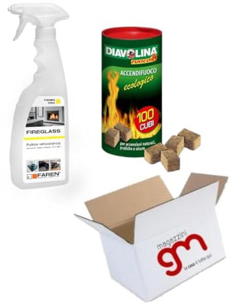 Fireglass, detergente pulitore immediato ed efficace per vetroceramica, forni, barbecue, vetri di stufe e termocamini, muri e mattoncini in Kit con Diavolina (Fireglass+Diavolina100)