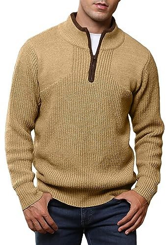 Meilicloth Pullover Herren Half Zip Pullover Winter Warm Strickpullover Winterpullover Männer Polo Sweater Arbeitspullover Basic Pulli Polopullover Khaki L