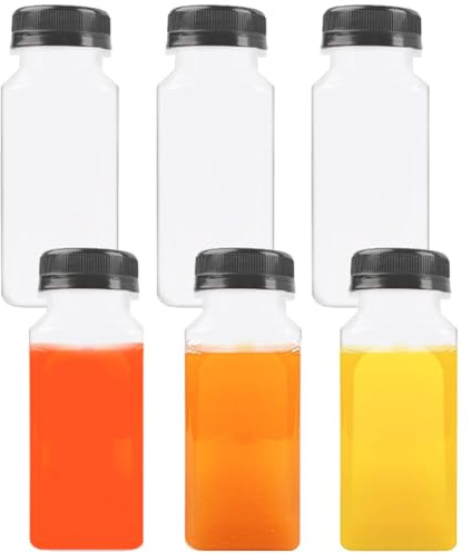 TINGDUANJIAN 6pc Juice Bottles with Lids - Small Plastic Shot Bottles for Smoothies, Water & Other Beverages - Clear, Reusable, Mini, 180ml/6oz