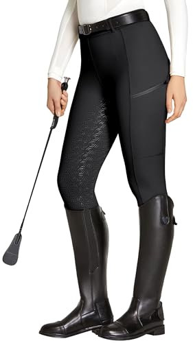 FitsT4 Sports Reitleggings Damen Reithose Mädchen Silikon vollbesatz mit Handytasche und Gürtelschlaufen für Reitsport Pferdetraining,Schwarz,M