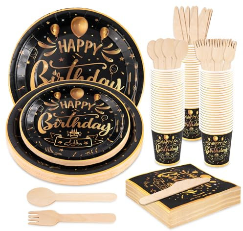 Anstore Partygeschirr Set, 200 Stück Schwarzgold Pappteller Set mit Holzbesteck, Becher, Servietten Schwarz, Einwegteller Deko für 25 Gäste, Schwarz Pappgeschirr für Party, Weihnachten, Halloween