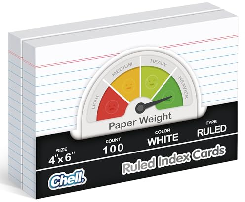 Chell Extra Heavyweight Index Cards 4x6, 100 Count, White Ruled