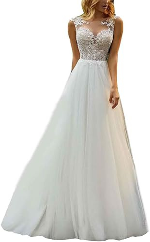 Abito da Sera Lungo da Donna, Doppia Spalla, Collo Rotondo, per Sposa, Festa di Ballo, Damigella d'Onore - 14, Bianco