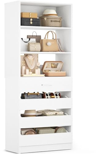 Aheaplus 21.3 Closet System with 4 Drawers, Wood Closet Organizer with Open Shelves, Modular Drawers System Tower, Walk-in Closets Small Wardrobe Rack, Tall Storage Cabinet Unit, White