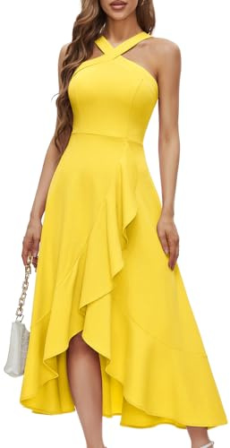 Bbonlinedress - Vestido de cóctel halter para mujer, vestido formal para graduación, boda o dama de honor, vestido largo con volantes para fiesta nocturna, Amarillo, L