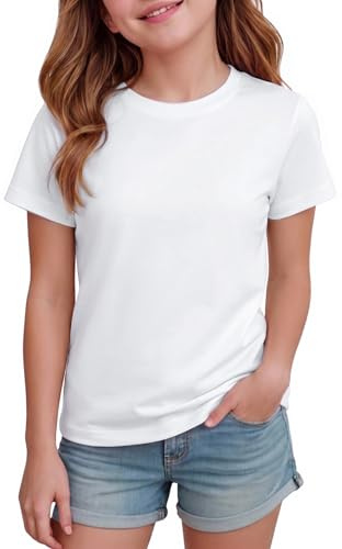 Demegimi T-Shirt Fille Manches Courtes – T-Shirt Enfant Été Col Rond, Haut Basique Décontracté pour École Sport Maison, 6-14 Ans