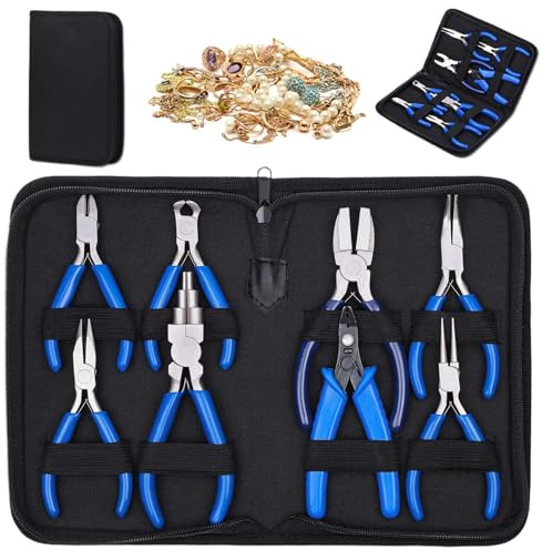 Set di pinze per gioielli da 8 pezzi, strumenti per la creazione di gioielli in acciaio ad alto tenore di carbonio con custodia con cerniera, blu