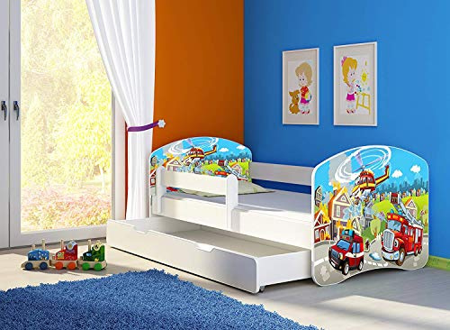 CLAMARO 'Fantasia Weiß' 140 x 70 Kinderbett Set inkl. Matratze, Lattenrost und mit Bettkasten Schublade, mit verstellbarem Rausfallschutz und Kantenschutzleisten, Design: 37 Feuerwehr
