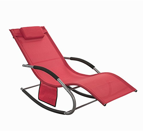 SoBuy Sun Lounger Garden Chair Recliner with Cushioned Pillow & Side Pocket Garden Rocking Chair with Steel Frame Outdoor Furniture for Patio Poolside Red OGS28-R