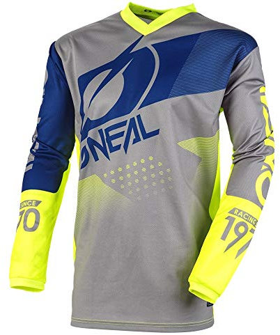 O'NEAL | Motocross-Jersey | MX Enduro Motorrad | Maximale Bewegungsfreiheit, Gepolsterter Ellbogenschutz, Atmungsaktives Material | Element Jersey Factor | Erwachsene | Grau Blau Neon-Gelb | Größe XL