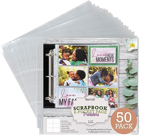 Samsill 50-pack 30 x 30 cm scrapbook påfyllning sidskydd, ultraklar, arkivsäker, 6 fickor håller 10 x 15 cm foton, används med 3 ringar 12 x 12 scrapbook-album