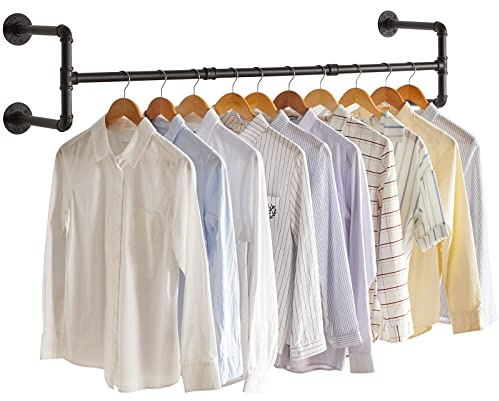 IBUYKE Perchero de Pared Industrial, Estante de la Ropa del Tubo, 127cm Barra de Ropa para Colgar en la Pared Rústico, para Tienda, Sala de Estar, Gabinete, Cuatro Bases TYJ002H