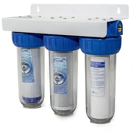 Filtre à eau MGidea NW-BR10B4, Unité de purification d'eau, 3 étages, Cartouche interchangeable 10 (254 mm), Système de filtration sédiments et charbons actifs, 1 - 32,89 mm