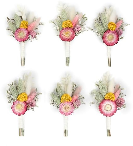 Mini Dried Flower Bouquet (Set of 6) for Handmade Craft Decorations and Boutonnieres for Groomsmen and Groomsmen. (Burgundy)