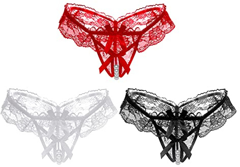 TINAYAUE Lot de 3 String Perles pour Femme Culotte Ouvert en Dentelle String Sexy Slips Lingerie Confortable pour Cadeau Saint-Valentin Fête