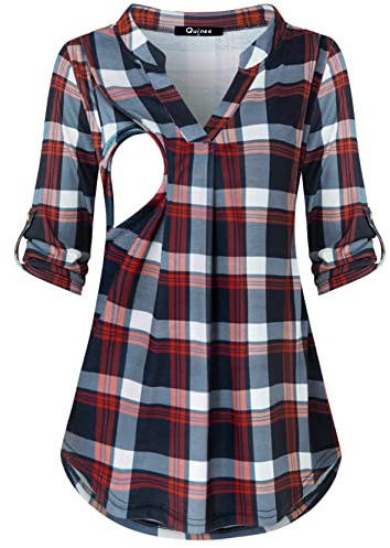 Quinee Breastfeeding Shirts for Women, Maternity Nursing Tops Tees 3/4 Rolled Sleeve 2 Layeres Summer Nursing Clothes Fashion Postpartum Clothes Fit Fall Spring Blue Red Plaid S