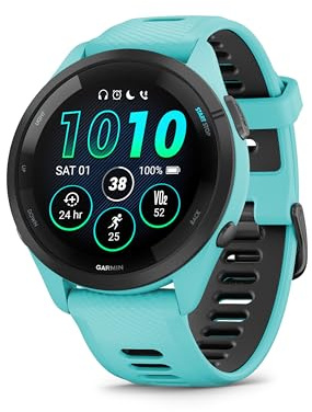 Garmin Forerunner 265 - Montre GPS de Running avec écran AMOLED - Blanche avec Bracelet en Silicone Turquoise/Noir