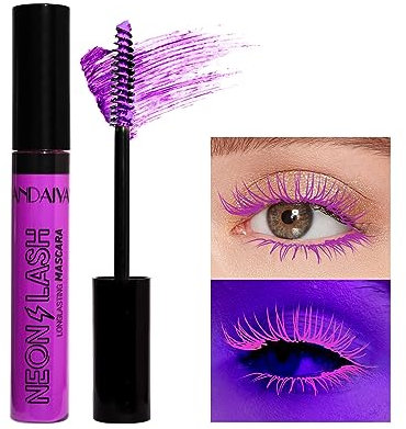 Rímel de color UV glow rímel 4D de 6 colores, duradero, antiaplicación, rímel abundante y encantador, ideal para escenarios, fiestas o maquillaje de vestuario durante el día o la noche (Morado)