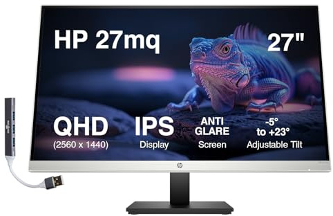 HP 27mq 27 QHD IPS Monitor with 5ms Response Time, Anti Glare, Flicker Free, VESA Mount (100 x 100 mm), VGA, HDMI & Dockztorm USB Port Expander, Black/Silver Color (1F2J9AA#ABA)
