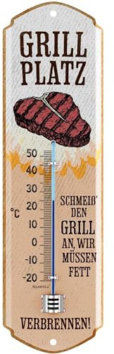 LANOLU Termometro in stile retrò, griglia – Targa da giardino per esterni, decorazione da giardino vintage, targa in metallo, termometro analogico 8 x 28 cm
